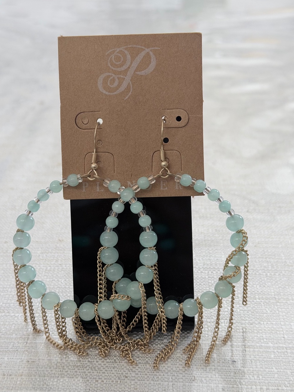 Plunder Beaded Hoop Earrings with Gold Fringe - Pale Aqua